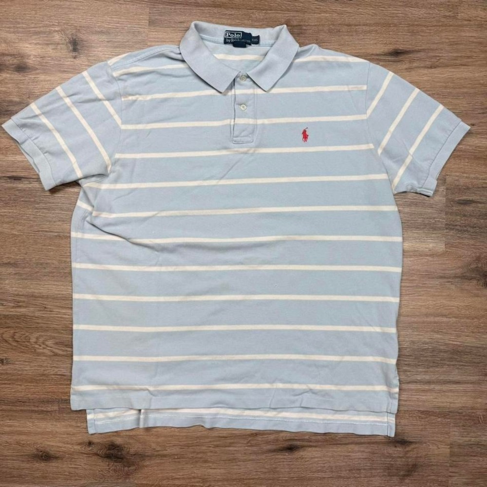 baby blue and white striped polo shirt with red pony
